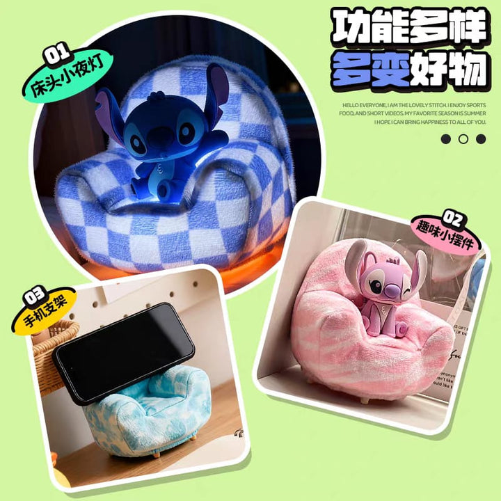 Disney Stitch Plush Night Light Sofa Tap Lamp with Phone Stand Cute Desk Decor Gift 迪士尼史迪仔小夜灯毛绒沙发拍拍灯手机支架摆件手办桌面年会礼物